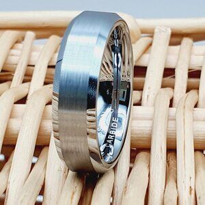 Brushed & Polished Tungsten Carbide Ring – Unisex Comfort Fit Wedding Band W038